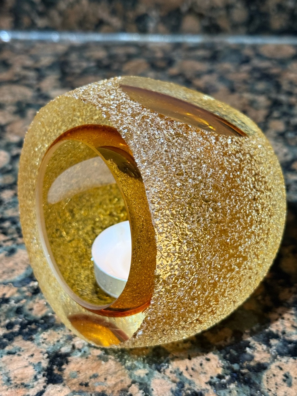 Vintage Fifth Avenue amber frosted geode tealight votive candle holder 3.5”